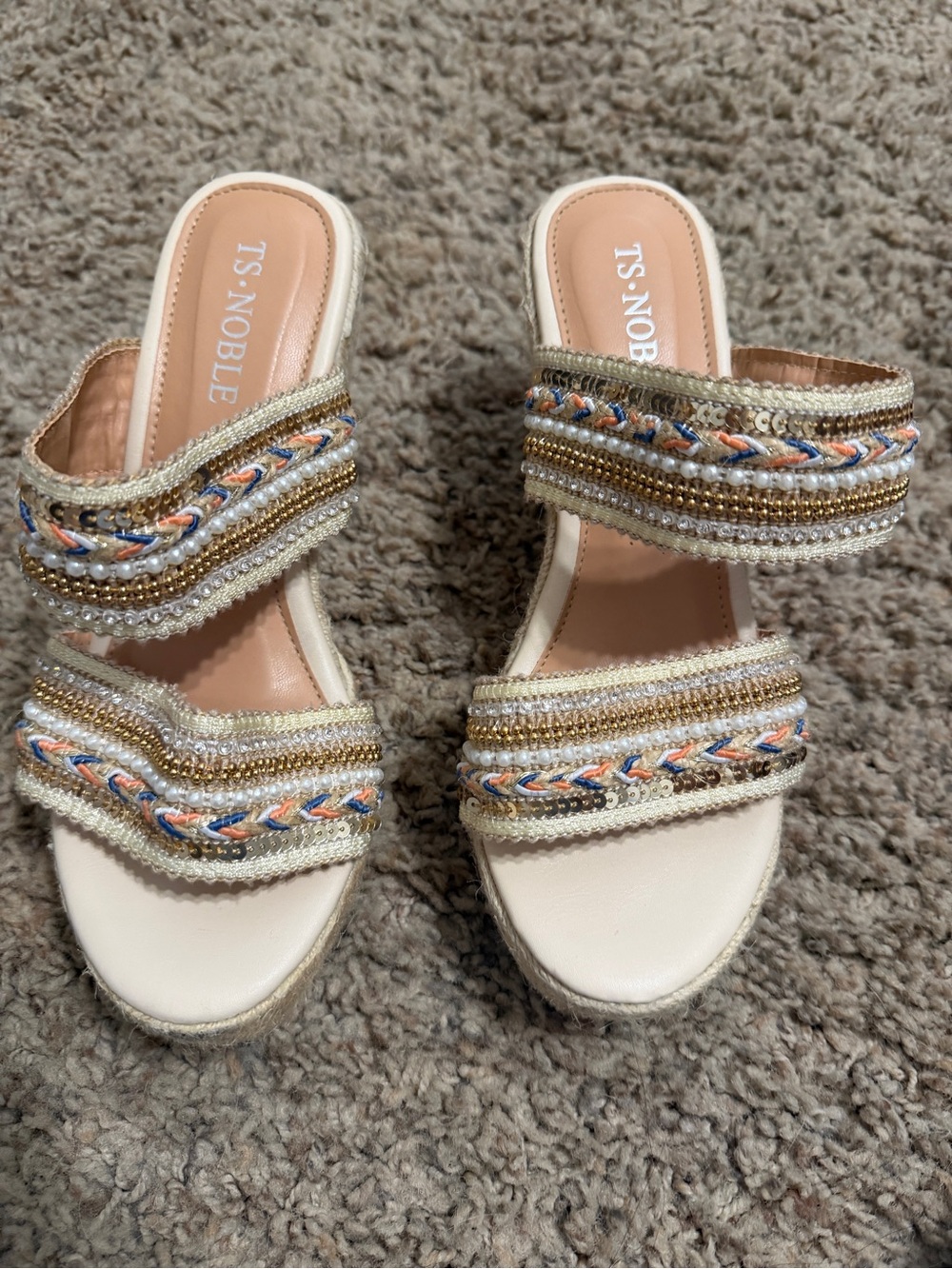 TS. Noble Cream Beaded Double-Strap Slide Sandals